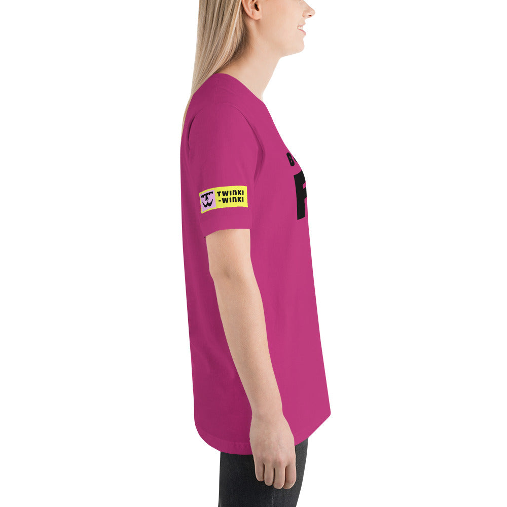 Young woman right side wearing cotton slogan tee in berry pink color with slogan Born To Be Fab in black letters on front.