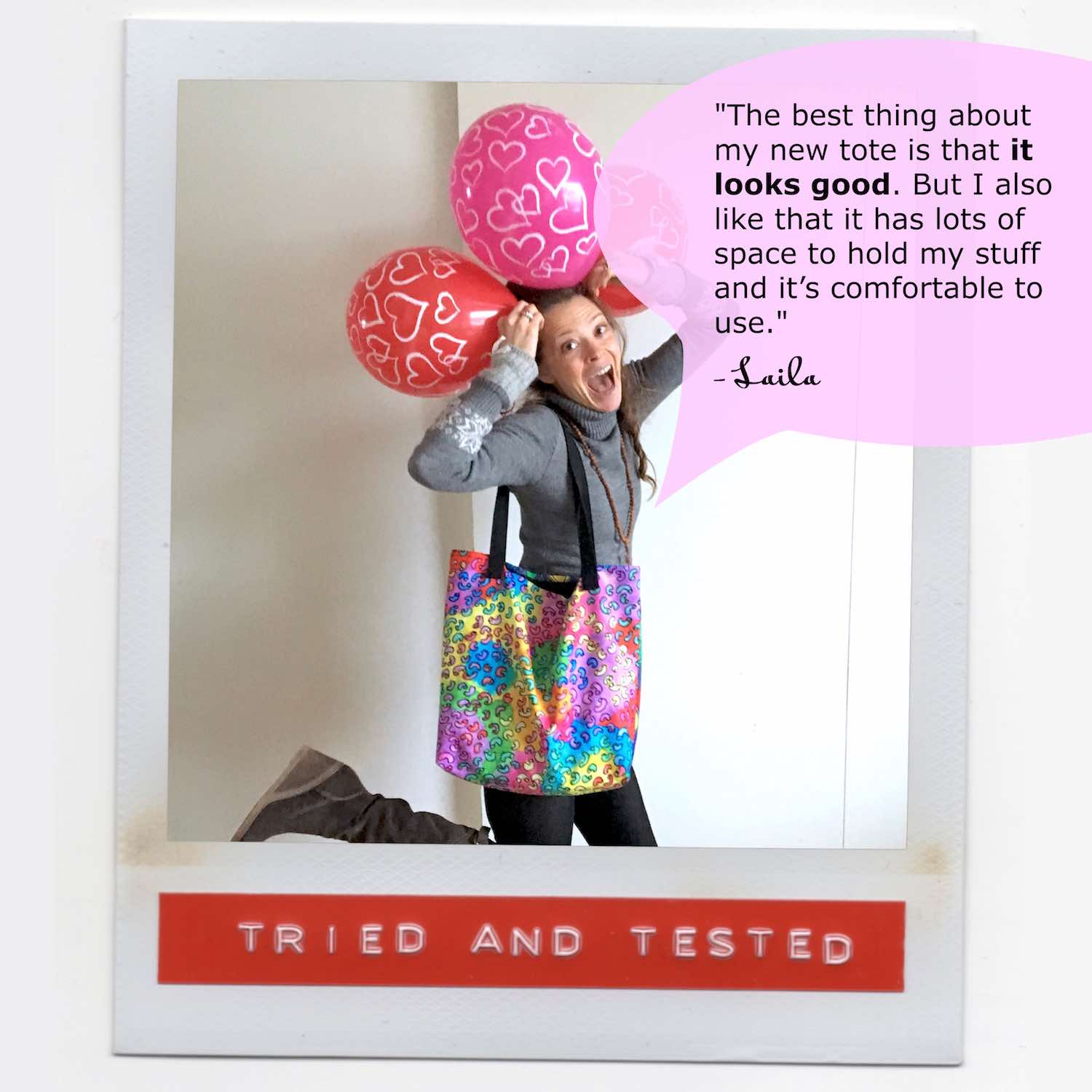 Laila being silly wearing her multicolor tote bag while posing with red balloons.