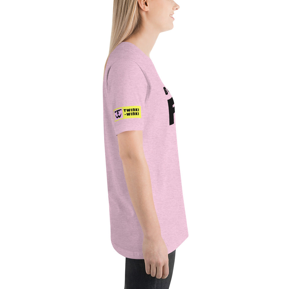Young woman right side wearing cotton slogan tee in heather lilac color with slogan Born To Be Fab in black letters on front.
