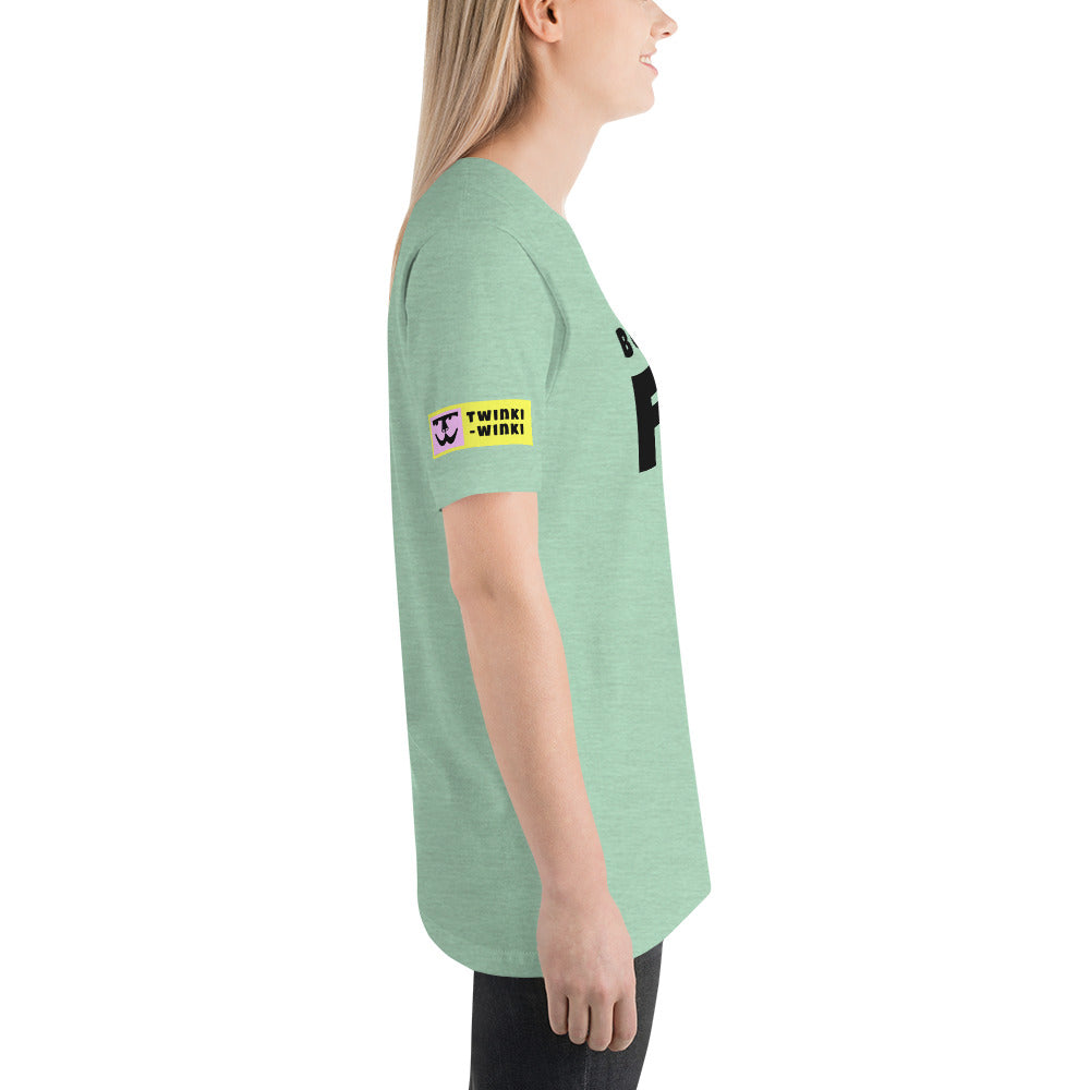 Young woman right side wearing cotton slogan tee in heather mint color with slogan Born To Be Fab in black letters on front.
