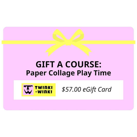 Pink digital gift card with yellow ribbon for the purchase of the online workshop Paper Collage Play Time.