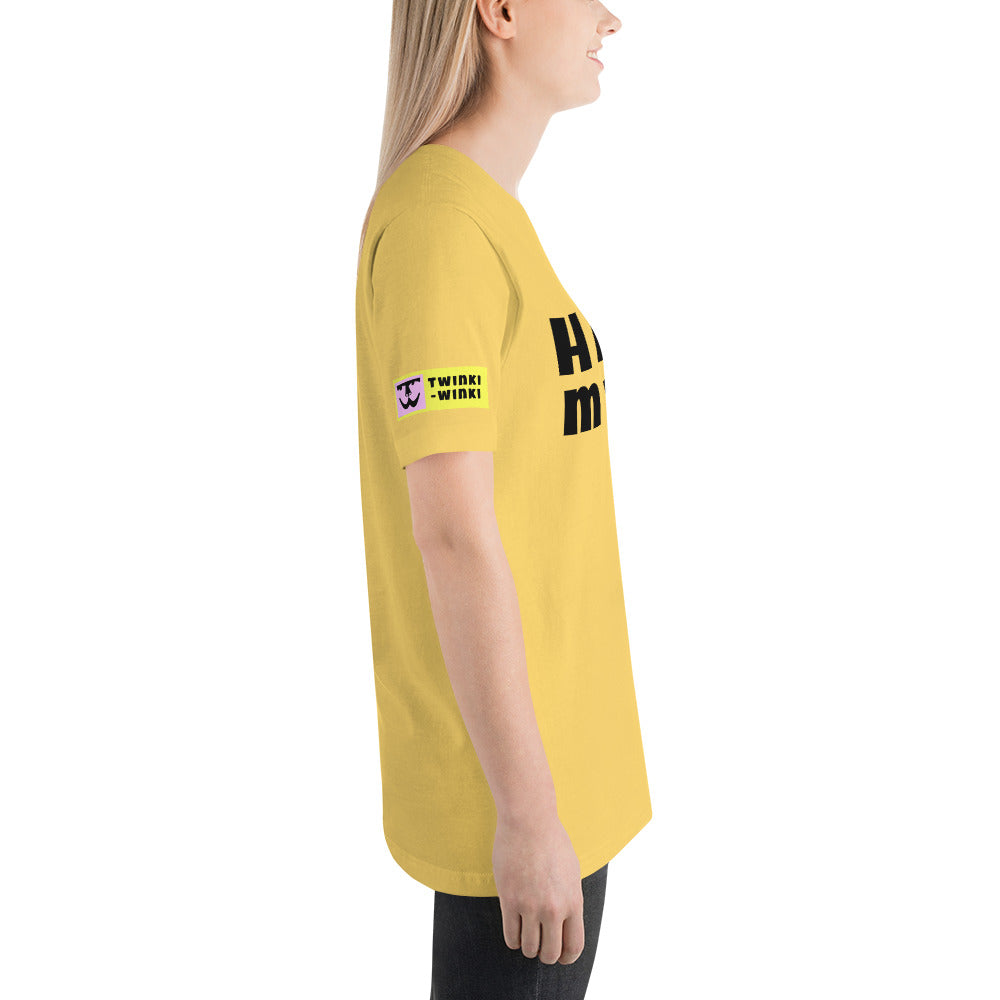 Young woman right side wearing cotton slogan tee in yellow color with slogan Happy My Way in black letters on front.