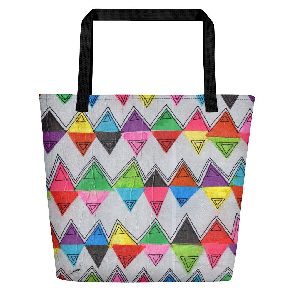 Big sturdy graphic tote bag with multicolor Zigzag print on reverse and black straps.
