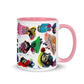 Graphic ccoffee mug with slogan Born To Be Fab and pink accent color on rim, handle and interior. Colorful Fab Ladies design, right handle view.