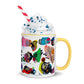 Graphic coffee mug with slogan Born To Be Fab and yellow accent color on rim and handle with whipped cream right view.