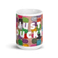 Big colorful ceramic coffee mug with quirky slogan Just Ducky in white letters on Flipflop design, front view of 15 ounce mug size.