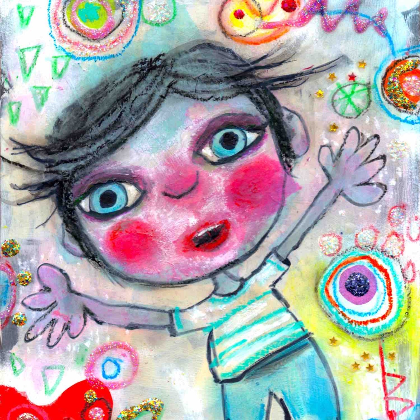 Detail of colorful happy fine art print of a little boy surprised and excited on vibrant background. Art poster by Alex Mitchell.