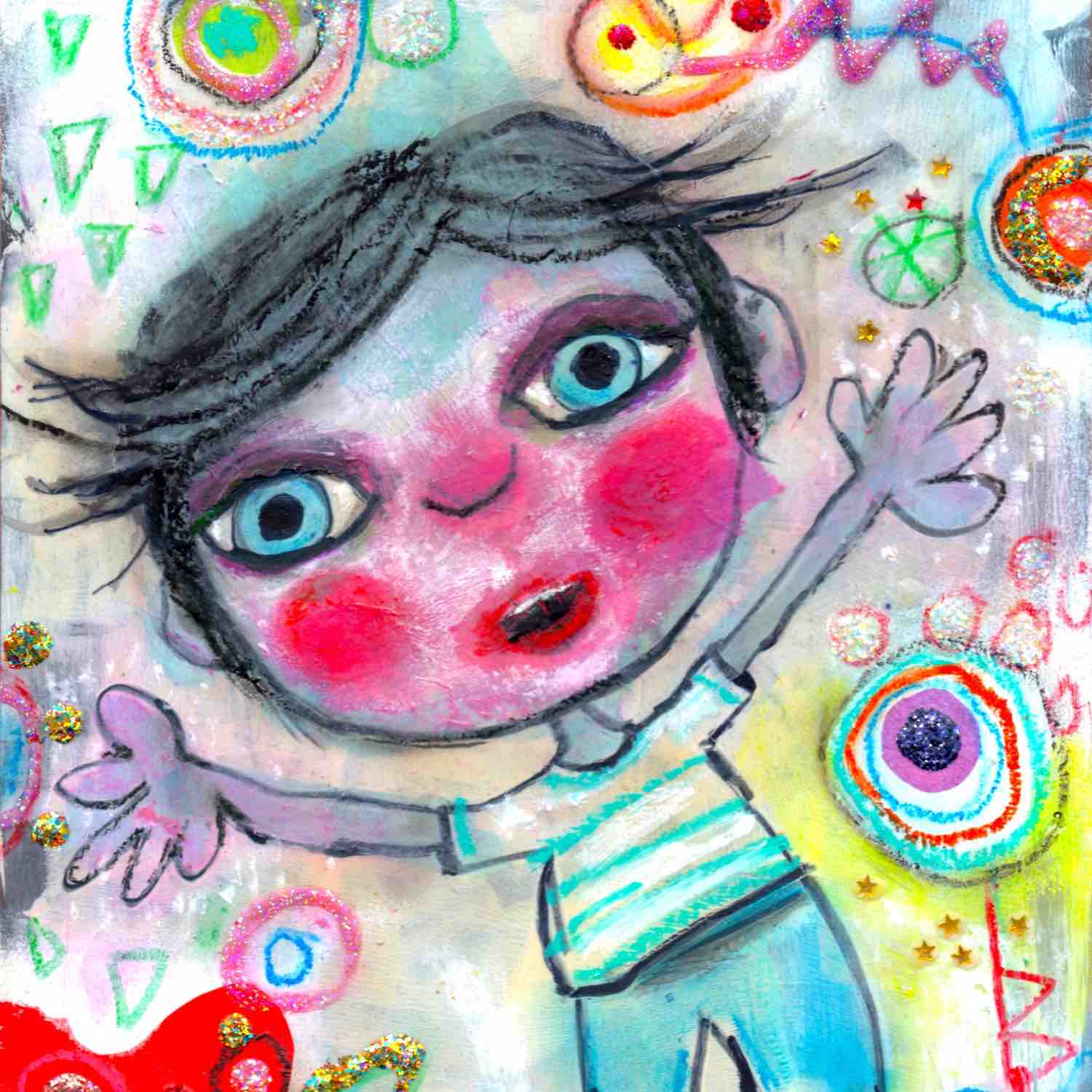 Detail of colorful happy fine art print of a little boy surprised and excited on vibrant background. Art poster by Alex Mitchell.