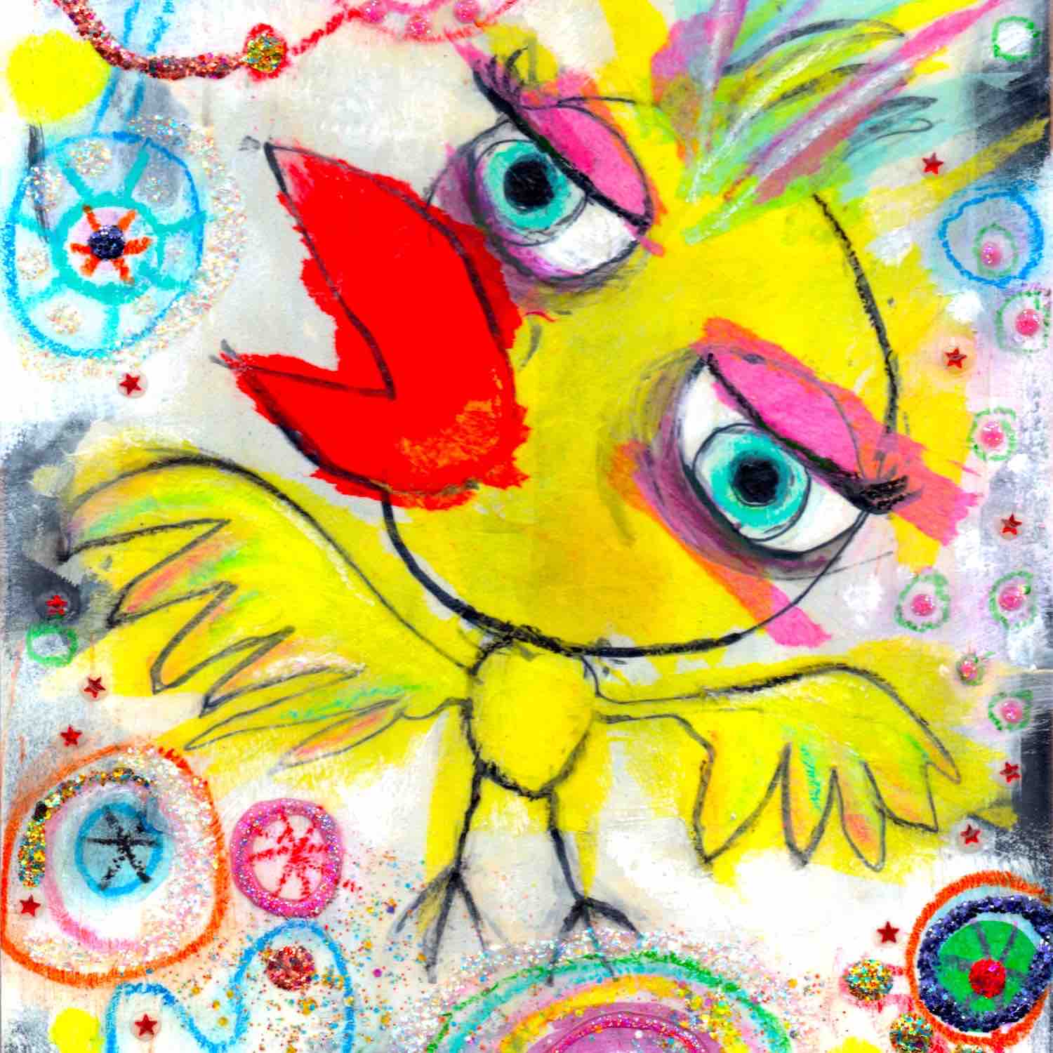 Detail of colorful happy fine art print of a yellow bird singing on vibrant background. Art poster by Alex Mitchell.