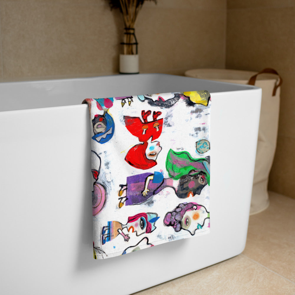 Stylish soft chic beach towel with bold multicolor Fab Ladies print in cheerful and playful style. Folded and hanging over bathtub.