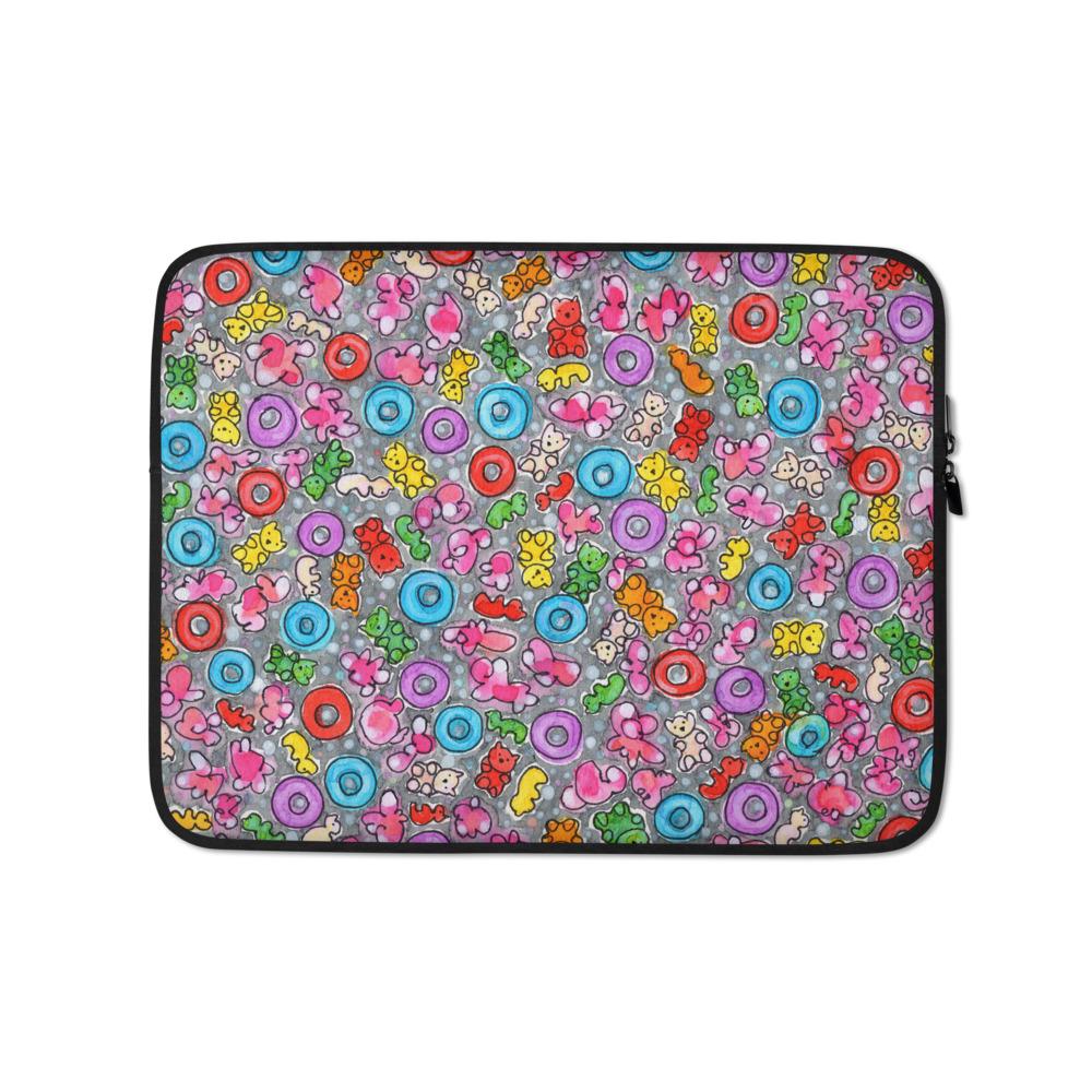 Sturdy graphic laptop case with rainbow-inspired multicolor print in Popcornfroops design and black zipper binding, 13 inch size.