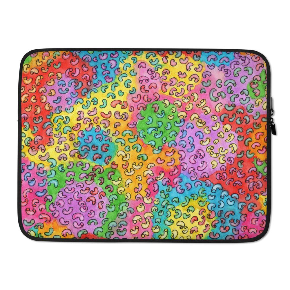 Sturdy graphic laptop case with rainbow-inspired multicolor print in Macaroni design and black zipper binding, 15 inch size.