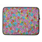 Sturdy graphic laptop case with rainbow-inspired multicolor print in Popcornfroops design and black zipper binding, 15 inch size.