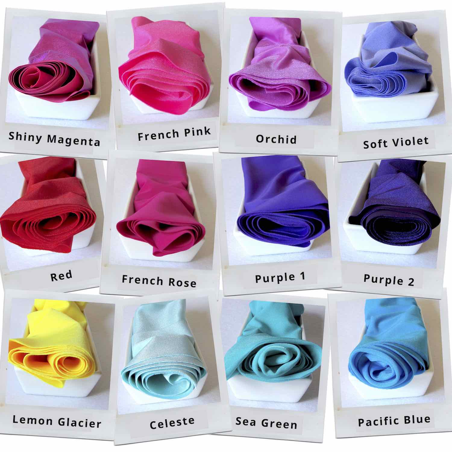 Fabric selection for soft and stylish limited edition Posh Me Fab boa scarves. Showing fabric colors of version Hullabaloo.