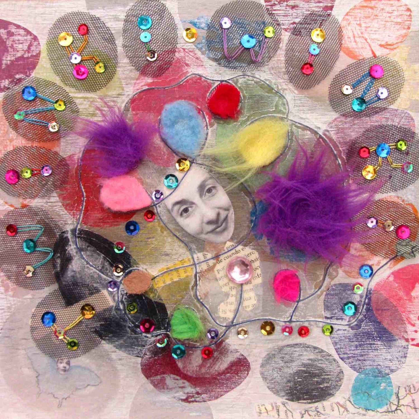 Detail of fine art print poster Be True. Alex Mitchell’s happy face is surrounded by colorful shapes and textures.