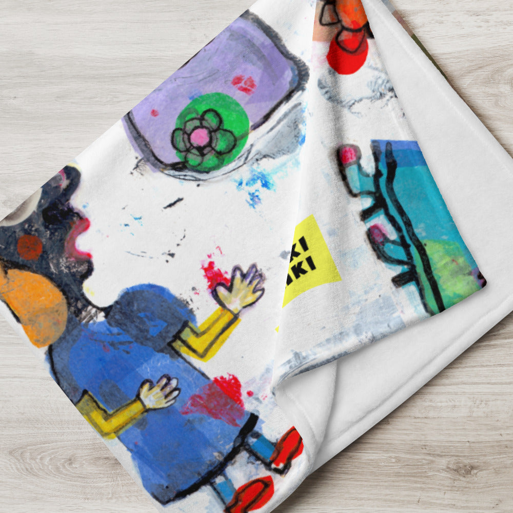 Stylish cozy throw blanket with happy multicolor Fab Ladies print in a  playful style. Folded up view showing white underside.