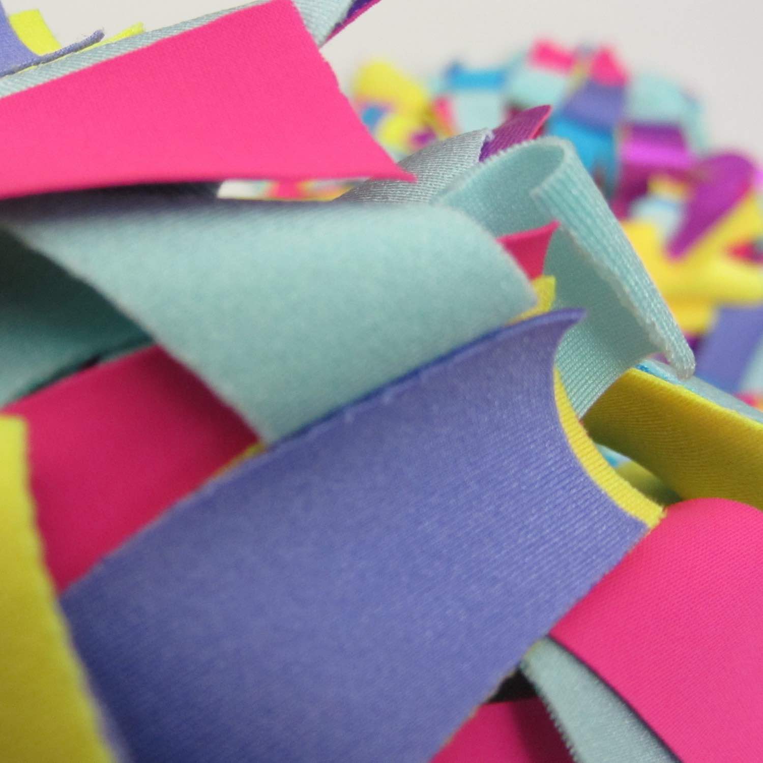 Detail of colorful and stylish soft lush fashion boa scarf in yellow, aqua, pink colors limited edition Twinki-Winki view 1.