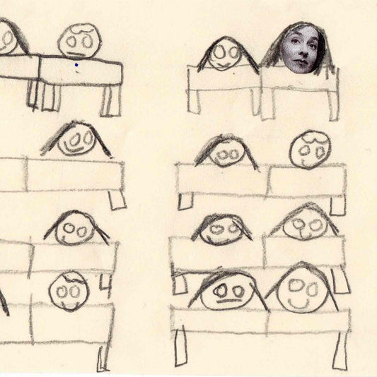 Funny pencil kid-drawing of classroom illustration by Alex Mitchell with collage of her own face.