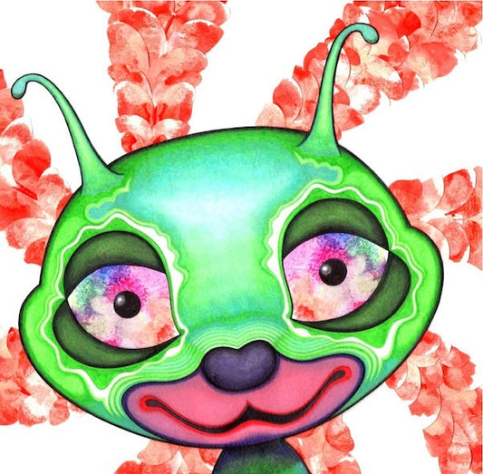 A hopeful cartoon-style green caterpillar with colorful oversized eyes, in front of a swirly red butterfly design on a white background.