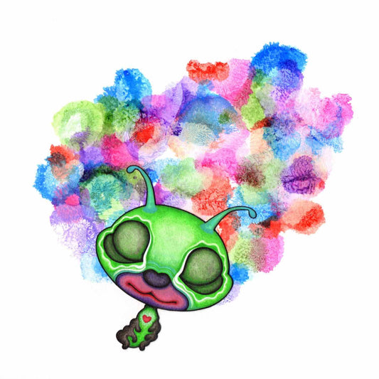 A cute, cartoon-style green caterpillar with closed eyes, surrounded by a vibrant, abstract cloud of colorful brushstrokes, conveying whimsy.