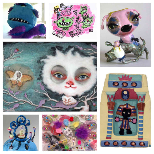 Collection of paintings, sculptures, illustrations, and monster puppet by artist Alex Mitchell of the Twinki-Winki brand.