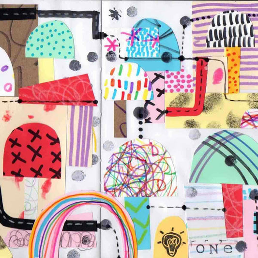 Playful map-like paper collage with colorful shapes on white background by artist Alex Mitchell.