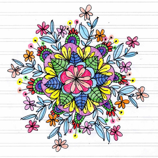 Flower mandala doodle drawn on a journal page with colored pencils by Alex Mitchell.