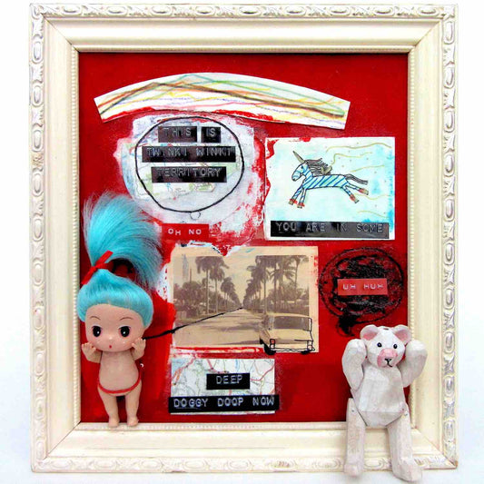 Colorful and playful mixed media painting with toys, photos, drawings, and text on a red velvet background by Alex Mitchell.