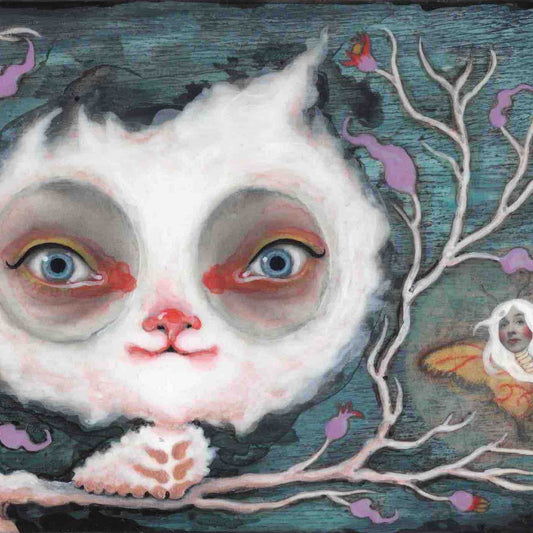 A painting of a fuzzy white caterpillar with large blue eyes perched in tree, looking straight ahead, with a white-haired fairy to its side.