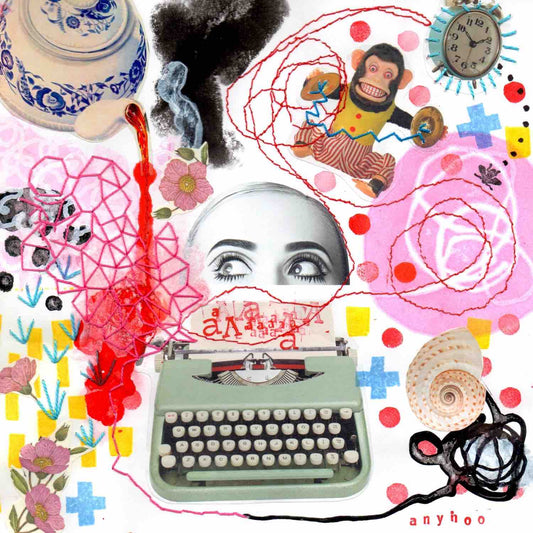 A whimsical surreal collage with vivid colors by Alex Mitchell. With typewriter, wide eyes, swirling patterns, vintage clock, toys, and red stitching.