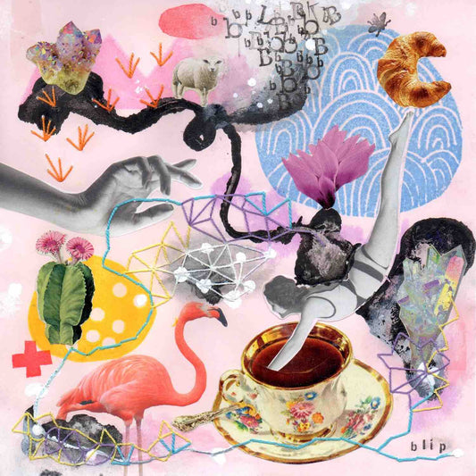 Surreal collage with pink background by Alex Mitchell. With a floating croissant, a woman's hand, a flamingo, a sheep, crystals, a teacup, and shapes.