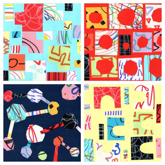 Four collage compositions in different colors, each displaying unique shapes and patterns, made with paper cut-outs by Alex Mitchell.