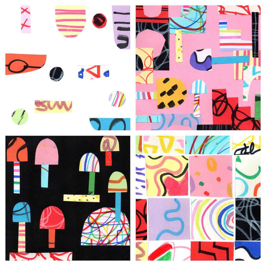 Four collage compositions in different colors, each displaying unique shapes on contrasting backgrounds, made with paper cut-outs by Alex Mitchell.
