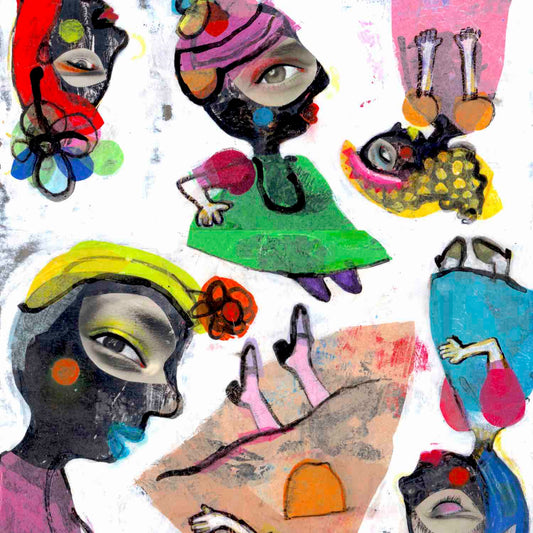 Colorful funny art collage print detail of Fab Ladies on Twinki-Winki products by Alex Mitchell.