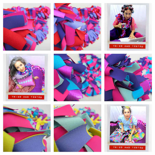 Various colorful fabulous boa scarves shown in detail and in funny portraits worn by Alex Mitchell of the Twinki-Winki brand.