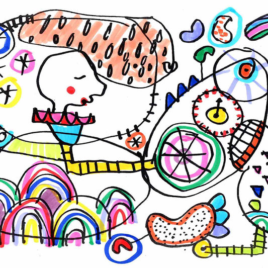 Colorful doodle drawing with a head surrounded by abstract shapes, lines, rainbows, and wheels by artist Alex Mitchell.