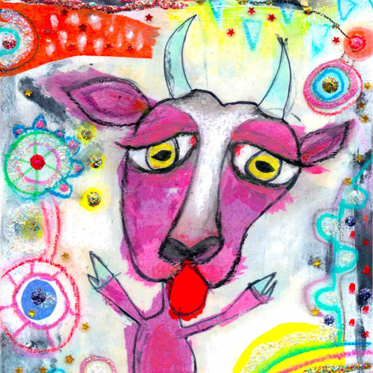 Colorful detail of playful art with a funny purple goat sticking out tongue. Fine art print from Twinki-Winki by Alex Mitchell.