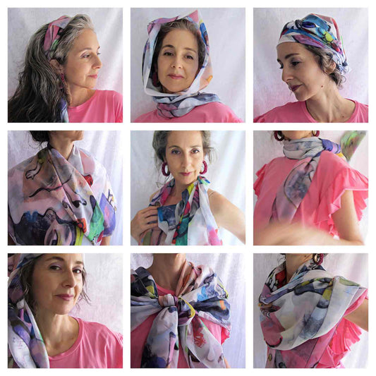 Alex Mitchell posing and sharing her scarf style with different ways and looks to wear a colorful large square scarf.