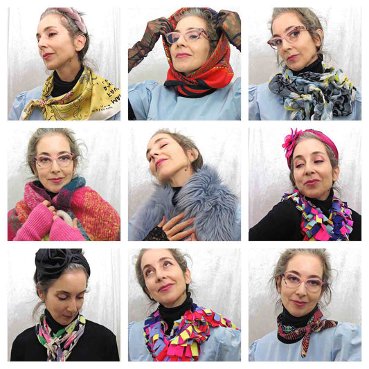Alex Mitchell posing and sharing her scarf style with different ways and looks to wear colorful scarves and shawls.