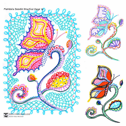 Three mandala doodle coloring pages with pretty butterflies and flowers made with markers on paper by Alex Mitchell.