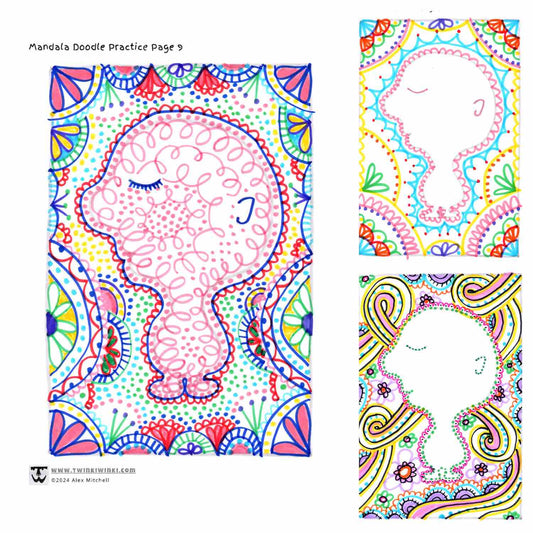 Three mandala doodle coloring pages with a quiet figure and flowers made with markers on paper by Alex Mitchell. 