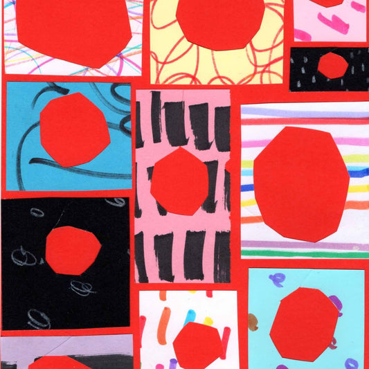 Colorful paper collage with a patchwork of cut-out shapes like windows on red background by Alex Mitchell.