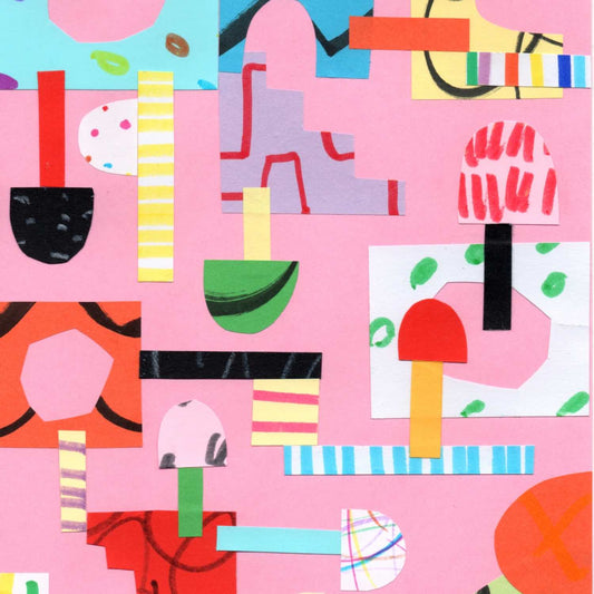Collage made of colorful paper with a map-like patchwork of playful shapes on pink background by Alex Mitchell.