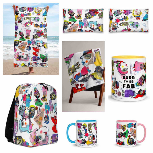 Stylish cozy graphic throw blanket, beach towel, pillows, backpack, and mugs with happy multicolor Fab Ladies print.