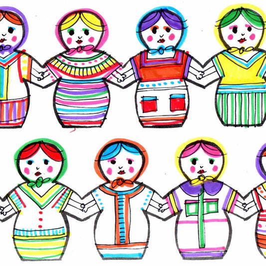 A colorful drawing on a coloring page of various dolls in different colors and styles, highlighting their individuality, by Alex Mitchell.