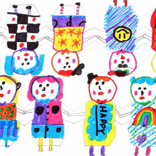 A vibrant children’s drawing on a coloring page depicting funny characters in colorful clothes and hairstyles.