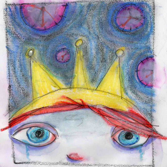 Colorful crayon drawing of sad face with red hair and yellow crown and pink clocks floating above by Alex Mitchell.