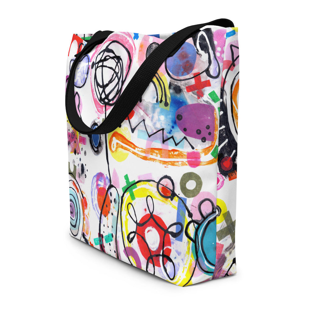 Big sturdy graphic tote bag with two multicolor prints in Bazinga-Bonanza design and black straps.