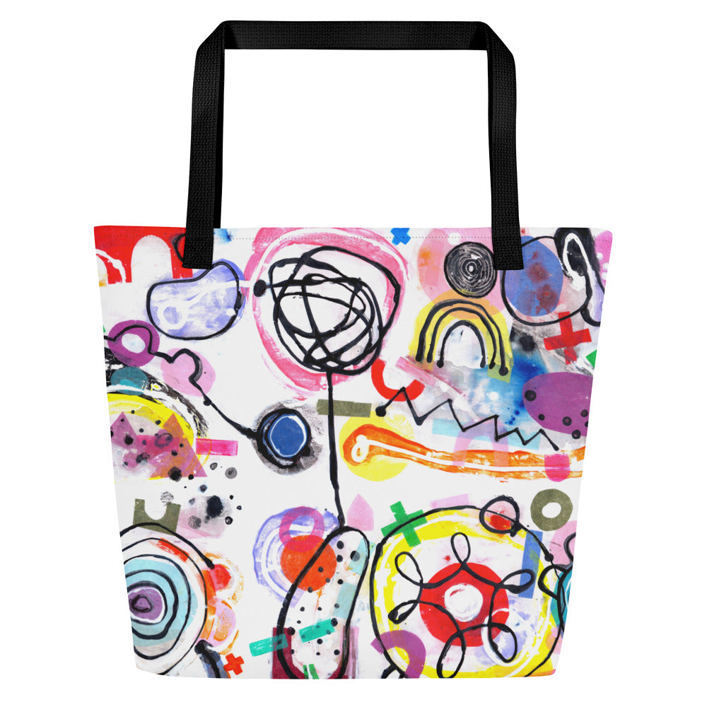 Big sturdy graphic tote bag with multicolor Bazinga print on front and black straps.