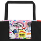 Inside pocket with multicolor Bazinga  print and black interior lining of graphic tote bag.
